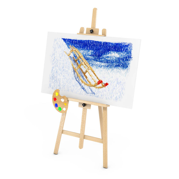 Wooden Artist Easel with Sledges Drawing on a white background. 3d Rendering - Photo, Image