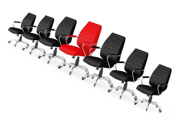Silla de oficina Boss de cuero rojo entre otras sillas negras sobre un fondo blanco. Renderizado 3d
.  - Foto, Imagen
