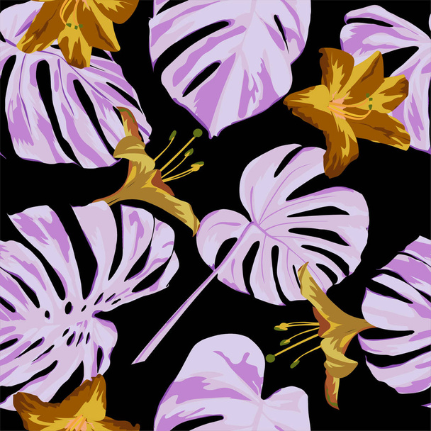 Tropical Print. Jungle Seamless Pattern. Vector Tropic Summer Motif with Hawaiian Flowers.  - ベクター画像