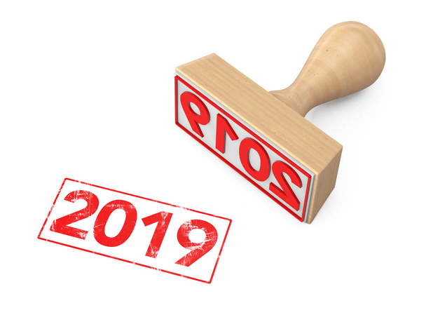 Sello de goma de madera con el cartel de Año Nuevo 2019 sobre un fondo blanco. Renderizado 3d
 - Foto, imagen