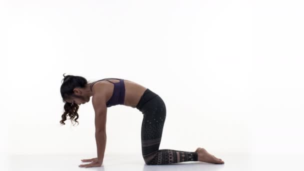 Vista lateral de la mujer joven estirando y haciendo ejercicios
 - Imágenes, Vídeo