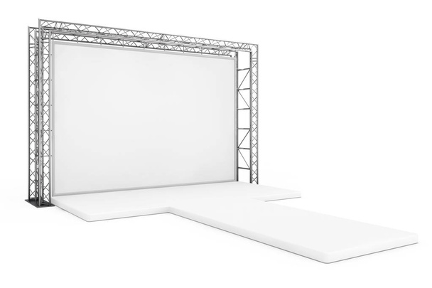 leere Außenwerbung Banner auf Metallkonstruktion mit leerem Podium auf weißem Hintergrund. 3D-Darstellung - Foto, Bild