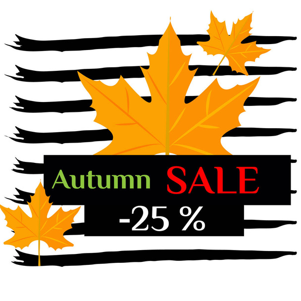 Vector illustration. Autumn sale with yellow leaves on black strips - Vector, Image