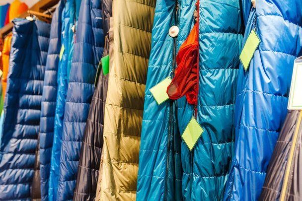 sleeping bags for sale at a sports equipment store - Photo, Image