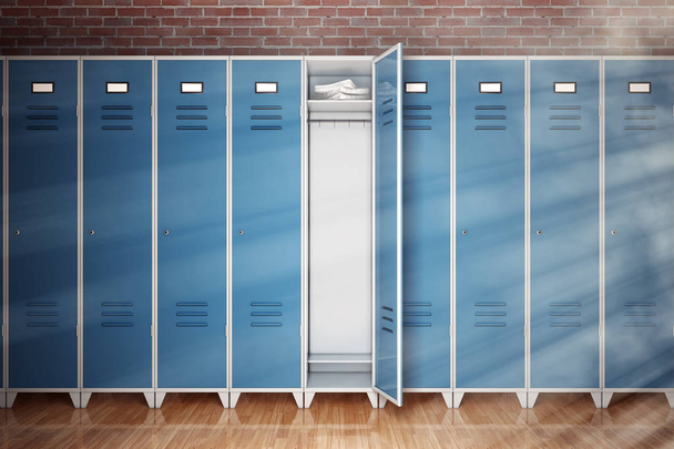 Row of Metal Gym Lockers in Front of Brick Wall extreme closeup. 3d Rendering - Photo, Image