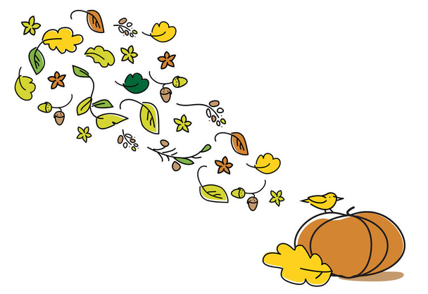 Autumn leaves vector. Thanksgiving. Defoliation leaf fall, pattern.Pumpkin and leaves for postcard, icon or badge. - Vector, Image