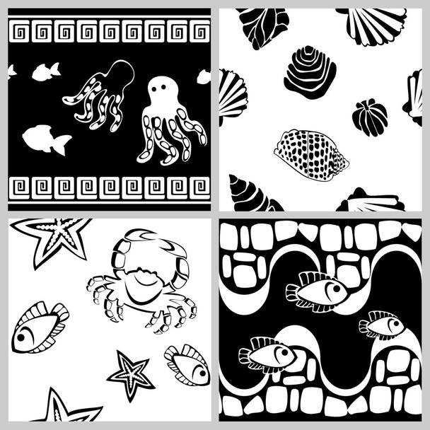 Black-and-white set of sea-life seamless patterns - Vettoriali, immagini