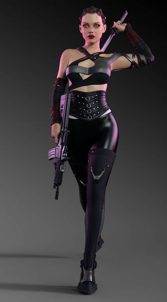 CyberPunk Assassin in Black Leather with Rifle and Katana - Photo, Image