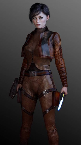 Femme en cuir Steampunk Outfit avec couteau et pistolet
 - Photo, image