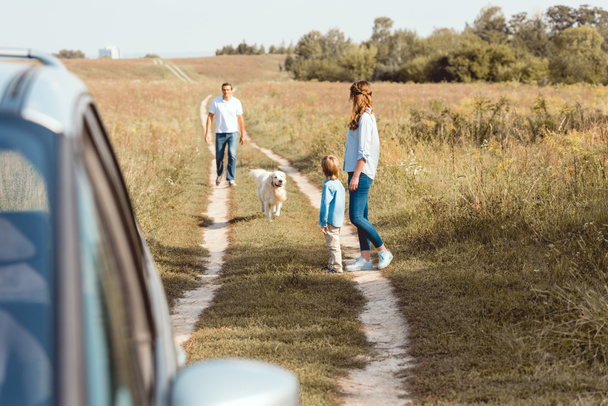 piękny rodzinny z pies chodzić przez pole droga wraz z samochodu na pierwszym planie - Zdjęcie, obraz