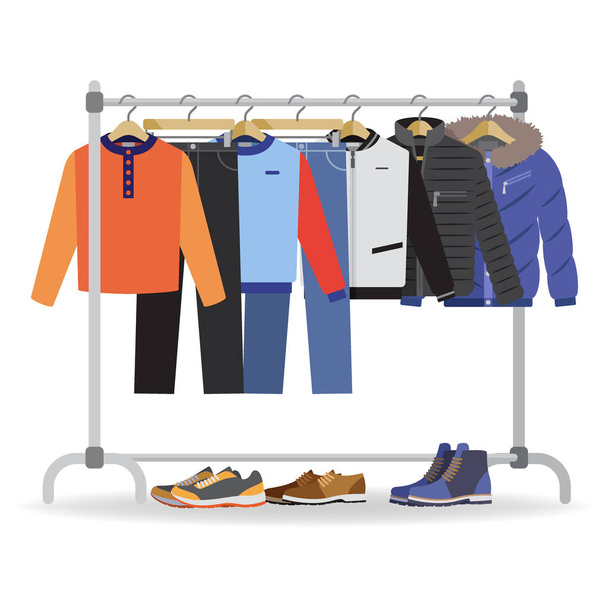 Cabide de roupas com roupas de homem casual, calçado
 - Vetor, Imagem
