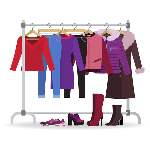 Clothes hanger with casual woman clothes, footwear - Vector, Image