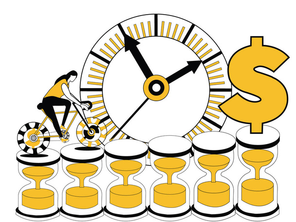 Woman cycling on sand glasses and wall clock is in background - Vector, Image