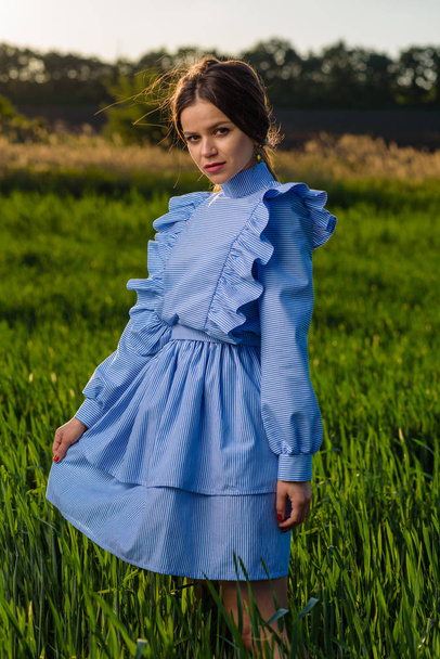 Mujer joven ligeramente sonriente en vestido a rayas azul y blanco está mirando hacia la cámara mientras está de pie en el campo de trigo verde en una tarde de primavera durante el clima soleado. Ella sostiene su vestido con una mano. Su pelo está revoloteando en el wi
 - Foto, Imagen