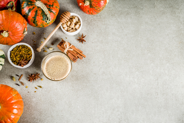 Traditional autumn winter drink, spicy pumpkin coffee latte with cinnamon, anise, carnation, cane sugar, on a gray concrete background with pumpkins, copy space - Φωτογραφία, εικόνα