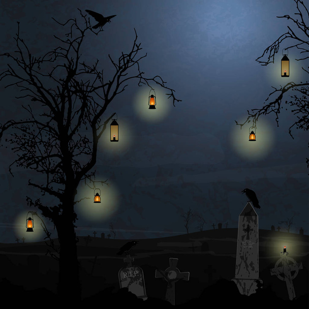 halloween graveyard background with trees and hanging lights in front of an dark night - Vector, Image