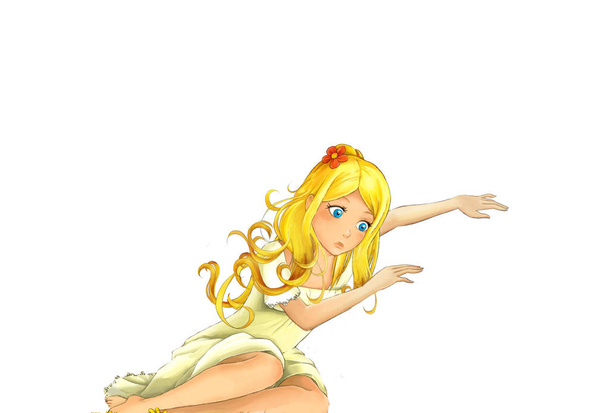 cartoon scene with beautiful young girl sitting and holding something or hugging or cuddling someone on white background - illustration for children - Photo, image
