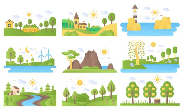 Vector mini landscapes icons set. Ecology nature and travel. Lake and river, sea and sun, mountain and lighthouse, summer forest park tree. Flat illustration collection for labels, logo or emblems. - Vector, Imagen