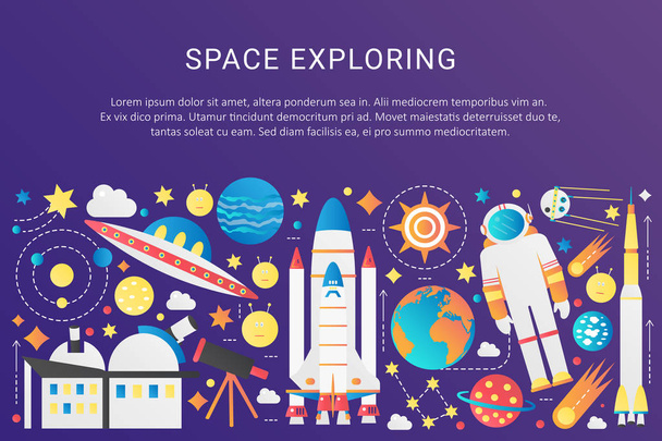 Vector trendy flat gradient space universe infographic elements collection with sun, planets, star spaceships, ufo aliens, astronaut, asteroids vector illustration. - Vector, Image