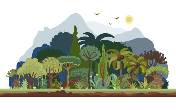 Vector tropisch regenwoud landschap met palmbomen en andere tropische bomen. Tropisch woud panorama afbeelding. Platte vector ontwerp van tropisch woud landschap in licht groene zomer kleuren - Vector, afbeelding