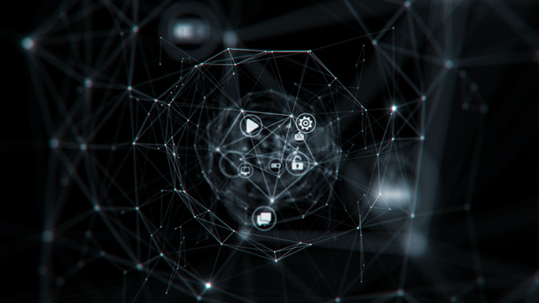 Hermosos iconos en túnel digital conectados con luces parpadeantes en negro. Looped 3d Animation with DOF Blur. Digital Technology and Information Concept. 4k Ultra HD 3840x2160
. - Imágenes, Vídeo