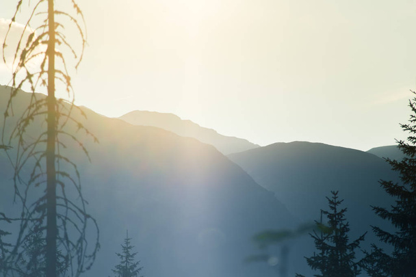 Un paysage onirique et brumeux d’une montagne proche du coucher du soleil. Sun flas\re et regard brumeux dans les tons bleus. Paysage de montagne en soirée. Tatras en Slovaquie, Europe. - Photo, image