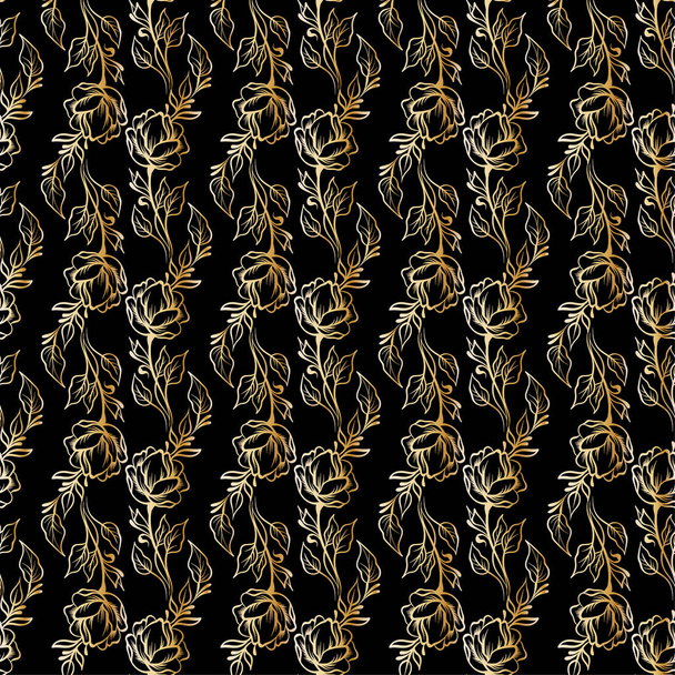 Lace elegant vintage floral pattern - gold line art on a black background, hand drawn vector illustration - Wektor, obraz