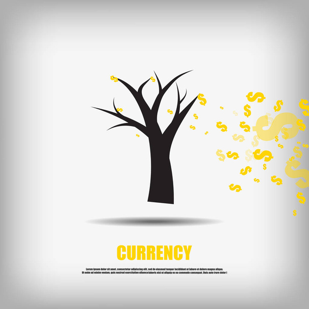 Vetor: Dólares caindo símbolo de moeda folhas e árvore de fundo de negócios
 - Vetor, Imagem