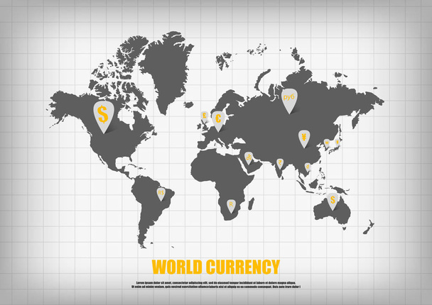 Vecteur : symbole de devise dans les pointeurs de carte sur la carte du monde
 - Vecteur, image
