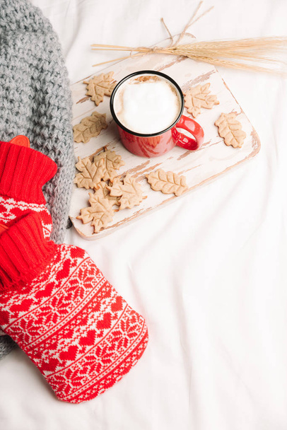 Red hot-water bottles on a bed. Heat pads on sheet, warm cozy grey knitted plaid and cup of coffee and cookies shape of a leaves on a tray. Top view or flat lay, copy space for your text - Φωτογραφία, εικόνα