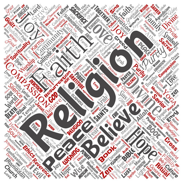 Religion conceptuelle vectorielle, dieu, foi, spiritualité mot rouge carré nuage fond isolé. Collage d'adoration, amour, prière, croyance, gratitude, espérance, divin, symbole
,  - Vecteur, image