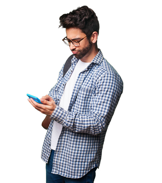 estudiante hombre sosteniendo una calculadora aislada sobre fondo blanco
 - Foto, imagen