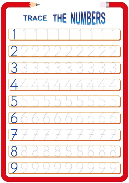 Matematický list pro děti školky, sledování čísel, učení čísel - Vektor, obrázek