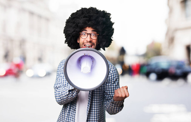 afro man shouting by megaphone - Photo, Image