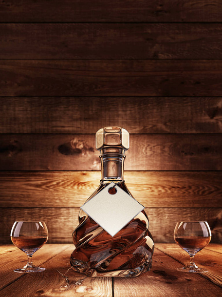 La carafe de brandy avec deux verres. Étiquette affiche maquette comtesse. Sur le fond des vieilles planches de bois. rendu 3D
. - Photo, image