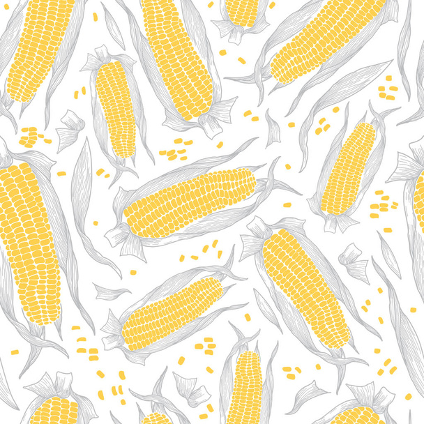 Sweet Corn or Maize Regular Seamless Pattern in White, Yellow and Grey. Nature Wallpaper - Vector, Image
