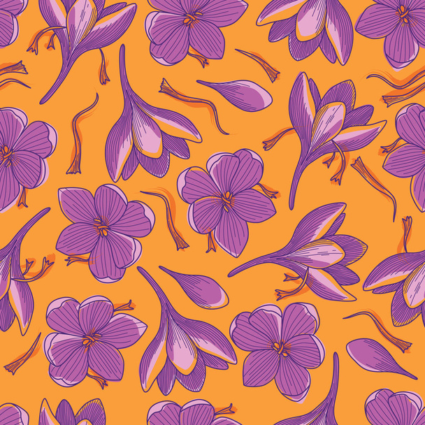 Purple Crocus Flowers and Red Saffron Threads Line Drawing Seamless Pattern on Orange Background - Vektor, Bild