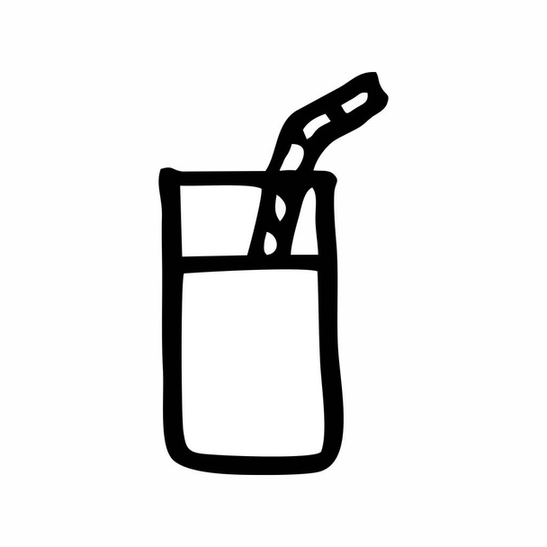 Freehand illustration of a cup with a straw. Black outlines on white background. - Vector, Image