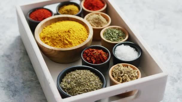 Wooden box with assortment of spices - Footage, Video