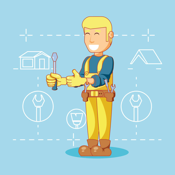 персонаж будівельника з іконками ремонту будинку
 - Вектор, зображення