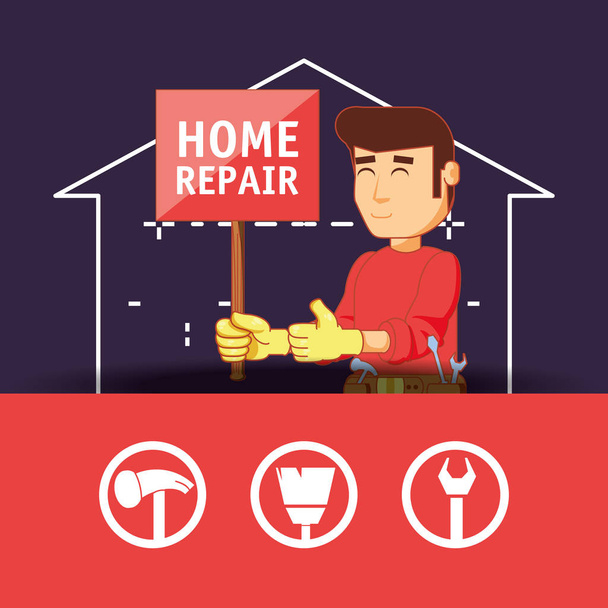 carácter constructor con los iconos de reparación del hogar
 - Vector, imagen