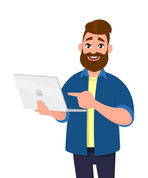 Successful young man holding laptop computer (PC) and pointing towards that. Laptop computer technology concept in vector illustration style. - Vector, Image