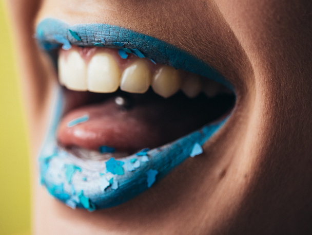 Fashion and beauty. Creative lip makeup. Artistic make-up. Beautiful macro shot of female plump lips. - Фото, зображення