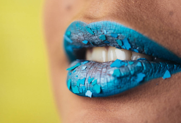 Fashion and beauty. Creative lip makeup. Artistic make-up. Beautiful macro shot of female plump lips. - Photo, Image