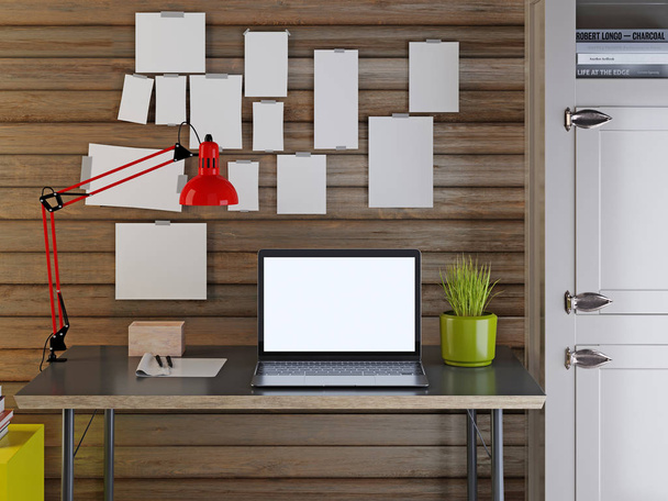 odwzorowania 3D makieta obszaru roboczego. Laptop na biurku z czerwonym światłem na tle ściany drewniane deski. - Zdjęcie, obraz