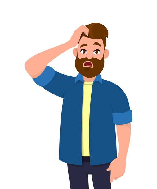 Confused young man scratching his head. Emotions and body language concept. Vector illustration in cartoon style. - Vector, Image