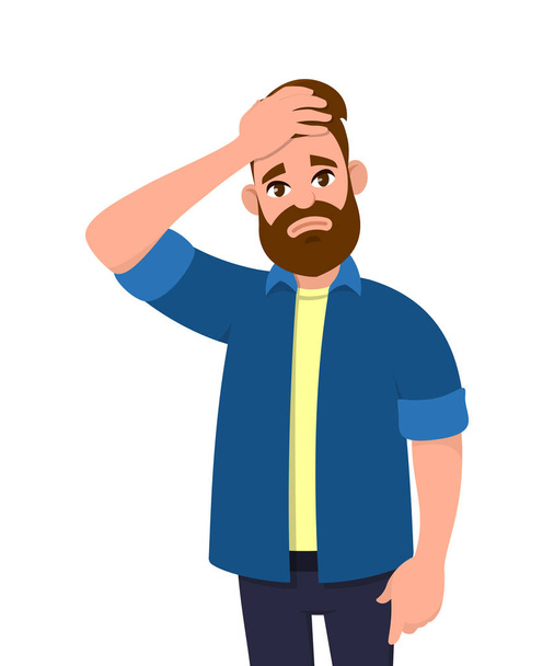Unhappy young man squeezing head with hands. Emotions and body language concept. Stress, tension and migraine concept in vector illustration style. - Vector, Image