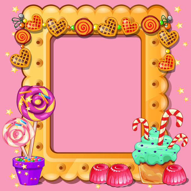 Beautiful cute greeting card with frame and space for your text, picture or photo in the style of a sweet tooth and pastry isolated on pink background. Vector cartoon close-up illustration. - Vektor, obrázek