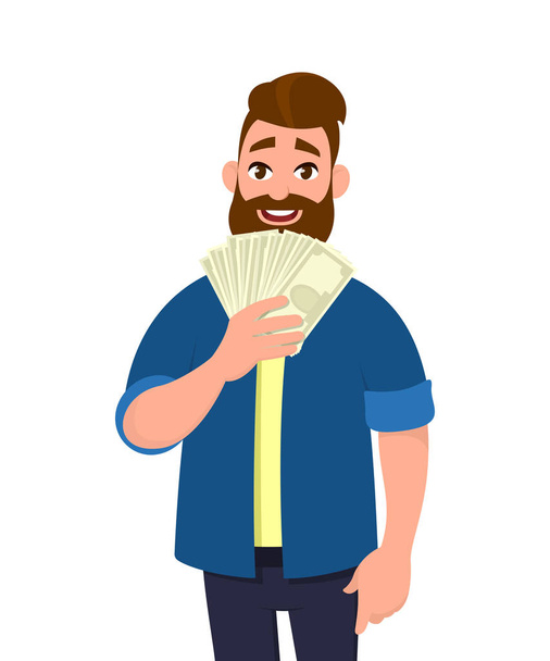 Onnellinen nuori mies, jolla on rahaa / seteleitä. Taloudellisen rahan käsite. Vektori kuva sarjakuva tyyli
. - Vektori, kuva