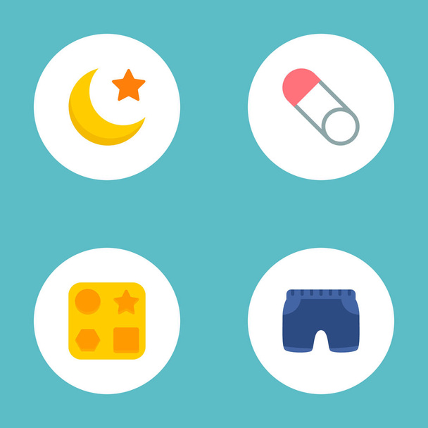Conjunto de iconos para bebés símbolos de estilo plano con pantalones cortos para bebés, luna, juguetes para bebés y otros iconos para el diseño del logotipo de su aplicación móvil web
. - Foto, Imagen